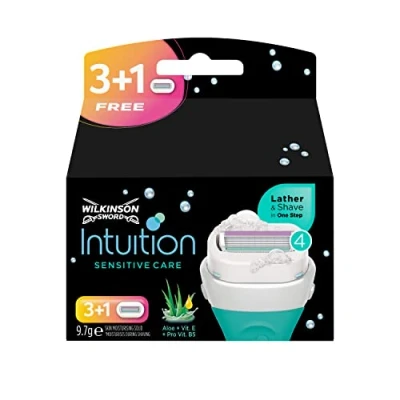 Imagen de Wilkinson Sword Intuition Sensitive Care Pack 3+1 Recambios con Bandas Protectoras E Hidratantes de Aloe Vera, Vitamina y B5 4