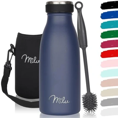 Imagen de Milu Botella termo de acero inoxidable, 350, 500, 750, 1000 ml, para niños y adultos, a prueba fugas, apto ácido carbónico, incluye cepillo limpieza (azul marino, 350ml)