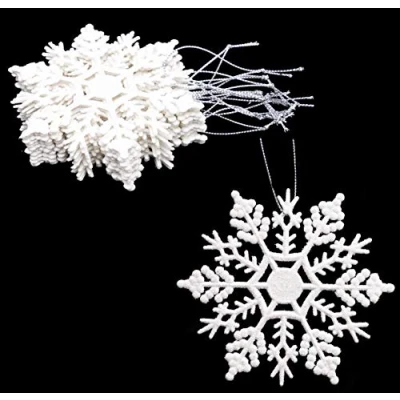 Imagen de Paquete de 12 Copos Nieve con Brillo 10 cm, Decoraciones Colgantes navideñas (Blanco)
