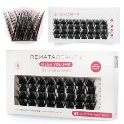 Imagen de Renata Beauty Pestañas Cluster Mega Volumen 32 piezas, Longitudes Variadas (10mm, 12mm, 14mm), Rizo C Audaz, Impactante, Fácil Aplicación, Reutilizables, Ideales para Looks de Gran