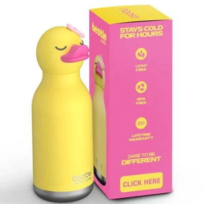 Imagen de asobu Bestie Botella de agua aislada acero inoxidable con cabeza animal suave extraíble, para niños y jóvenes, pajita flexible reutilizable (pato)