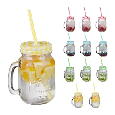 Imagen de Relaxdays Jarras con Tapa y Pajita, Set de 12 Jarritas Limonada, 500 ml, Vasos Retro Veraniegos Asa, Multicolor, Acero