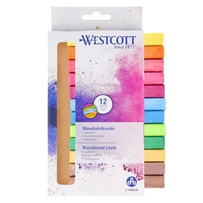 Imagen de Westcott tiza 12 piezas de colores paquete tizas pizarra con 1,2cm ⌀ en brillantes poco polvo y fácil limpiar 8,5cm largo palos E 744983 00