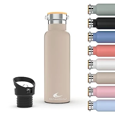 Imagen de Botella Daikoku, Termica Acero Inoxidable Doble Pared, Termo Mantiene Bebida Fria o Caliente Horas, Dos tapones, Color Beig Pastel, 750 ML