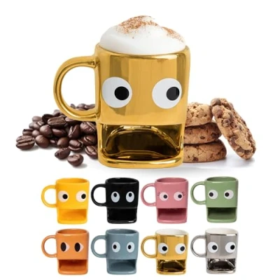 Imagen de Fisura Taza original para regalar “ojos. con soporte galletas dorada. de cerámica hueco galletas. 240 ml.