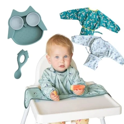 Imagen de Tidy Tot Babero de destete impermeable Cover &amp; Catch. Manga larga, cuerpo entero y apto para tronas x 3, Plato Bebe con Ventosa, Cuchara silicona mango fácil agarre