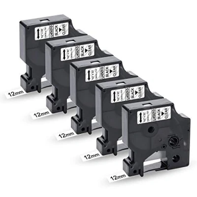 Imagen de UniPlus 5x Cinta de Etiquetas Compatible para Dymo D1 45010 S0720500 Autoadhesivas LabelManager 160 200 210D Pnp 220P 260P 280 400 LabelPoint 150 250, 12mm x 7m, Negro sobre Transparente