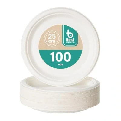 Imagen de BEST PRODUCTS 100 Platos Caña de Azúcar Desechables Ecológicos Biodegradables Compostables y Reciclables Para Fiestas Cumpleaños Comuniones Redondos Llanos Ø 25 cm
