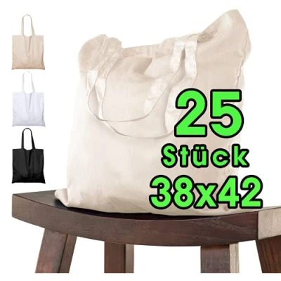 Imagen de bolsa de algodón para pintar 38x42 25 piezas natural niños con asa CORTA sin imprimir certificado OEKO TEX® tela, transporte, compras 140g / m grosor