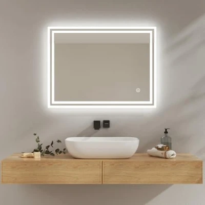 Imagen de EMKE Espejo de baño con iluminación 80 x 60 cm, LED, 3 Colores luz Regulable (luz Blanca cálida/fría/Neutral), función antivaho, Interruptor táctil, Pared