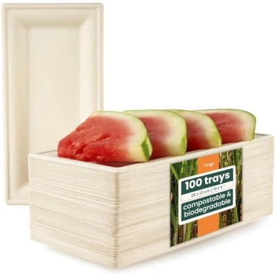 Imagen de HAAGO 100 Bagazo de Caña Azúcar Bandejas (26cm) Ecológicos y Compostables Bandeja Rectangulares