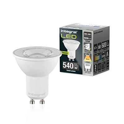 Imagen de Integral Bombilla LED 5 PACK GU10 Cálido 2700K, 600LM, 5,7W (equivalente a 75W) regulable Eficiencia energética e ideal para focos y luces empotradas en baños, cocinas, salones, comedores