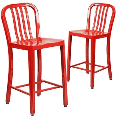 Imagen de Flash Furniture Juego de 2 taburetes Metal Rojo 24 Pulgadas Alto para Interiores y Exteriores con Respaldo Listones Verticales
