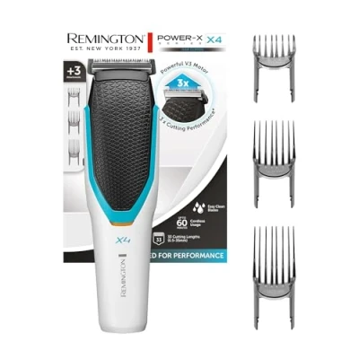 Imagen de Remington Máquina de Cortar Pelo X4 Power X Series, Cortapelos con Cable e Inalámbrico, Cuchillas Acero Calidad Japonesa, 33 Ajustes Longitud, 3 Peines Ajustables, 60 min Autonomía HC4000