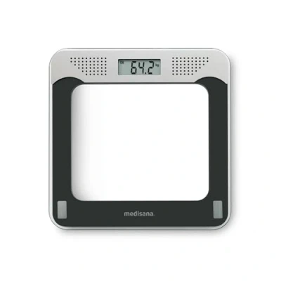 Imagen de medisana PS 425 Báscula habladora, digital de cristal precisa, 4 idiomas, Función apagado automático integrada, Negro/Gris, hasta 180 kg