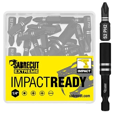 Imagen de 41 x SabreCut SCPA25_41PH Juego de puntas destornillador impacto PH2 25 mm un solo extremo Phillips n.º 2 servicio pesado que incluye portapuntas y caja almacenamiento