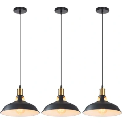 Imagen de iDEGU Juego de 3 Lámparas Colgantes Vintage, Lámpara Techo Industrial 27cm Iluminación E27 Luz Colgante Retro para Cocina, Salón, Dormitorio, Comedor, Pasillo, Restaurante (Negro + Blanco)