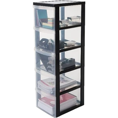 Imagen de Iris Ohyama Unidad de almacenamiento plástico con ruedas y 5 cajones profundos, Negro, asas fácil extracción, multiusos, A4, A5, para oficina, hogar, escuela, Torre, Organizador, DC 305