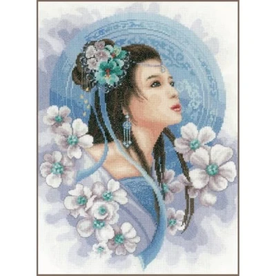 Imagen de LANARTE Kreuzstichset Asiatische Frau in Blau, Zählmuster Kit de Punto Cruz con patrón números, Cotton, Colores Variados, ca. 30 x 41 cm / 12&quot; 16,4&quot;