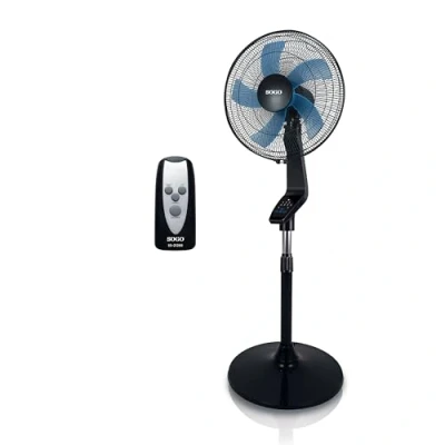 Imagen de SOGO Ventilador de Pie Deluxe con Mando a Distancia y Temporizador, Potente, Silencioso, Oscilante, altura ajustable 120 145 cm 3 velocdades, Diámetro 40cm, 5 aspas, 50W, Color Negro (SS 21280)