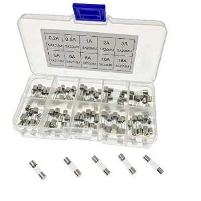 Imagen de JZK 100x golpe rápido conjunto de fusibles vidrio, 20 x 5 mm, rapido Kit variados con caja plástico transparente y valores 10 amperios:0.2A 0.5A 1A 2A 3A 5A 6A