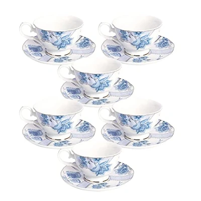 Imagen de fanquare Juego de 6 Tazas Café Florales, Porcelana para Capuchino con Platillos, Taza Té Cumpleaños, Bodas y Fiestas, Azul(150 ml)