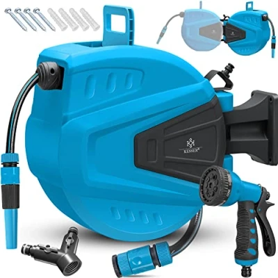 Imagen de KESSER® Enrollador de mangueras Agua Ducha mano múltiple Giratorio 180 Tapón rebobinado Montaje en la pared Caja Manguera jardín, azul 20 M