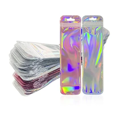 Imagen de Bolsa de almacenamiento 100 piezas, bolsas embalaje holográficas, papel aluminio, cierre hermético y termosellables para alimentos (5,5 x 22 cm).