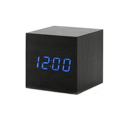 Imagen de ThreeH Despertador Digital Madera, Pequeño Reloj Cúbico con Pantalla Calendario Tiempo Temperatura LED, USB/Alimentado por Batería para Oficina en casa AC10 Azul Negro