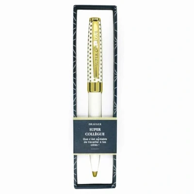 Imagen de DRAEGER PARIS Bolígrafo de color crema y dorado &quot;Super collègue&quot; Texto grabado Mina tinta negra Idea regalo para tu compañero/a trabajo Caja Ecrin diseño
