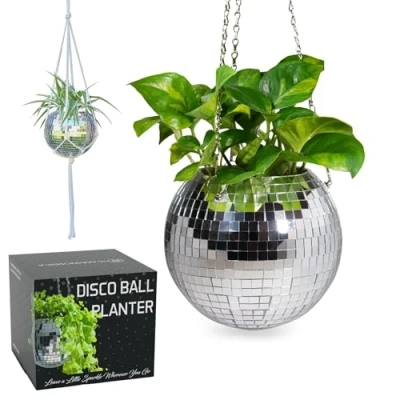 Imagen de SCANDINORDICA macetero de Bola Discoteca Espejos con Cadena y Colgador macramé, Planta Decoración Habitaciones 20 cm