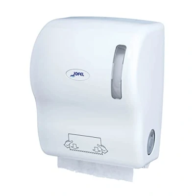 Imagen de Jofel Dispensador de Papel Bobina en Continuo, Diámetro max. 210mm, Servicios Pre Cortados 27cm, sin Palanca, Máxima Higiene y Ahorro, Fabricado ABS Blanco, AG56000