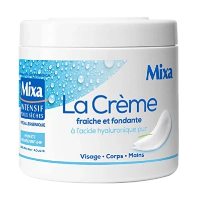 Imagen de Mixa Intensive Peaux Secche Crema fresca y fundente de ácido hialurónico puro, multiusos, para cara, cuerpo, manos, pies, hidratación 24 horas, penetración rápida, hipoalergénica