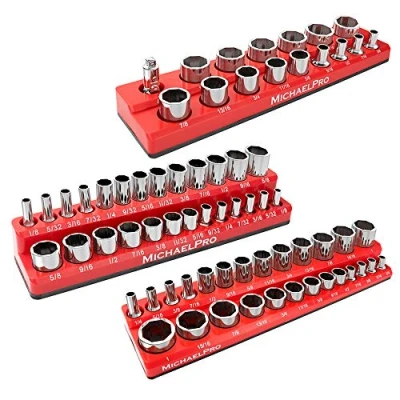Imagen de MichaelPro MP014003 Juego de llaves vaso (3 unidades, 1/4&quot;, 3/8&quot; y 1/2&quot;, SAE, soporte para (SAE), color rojo