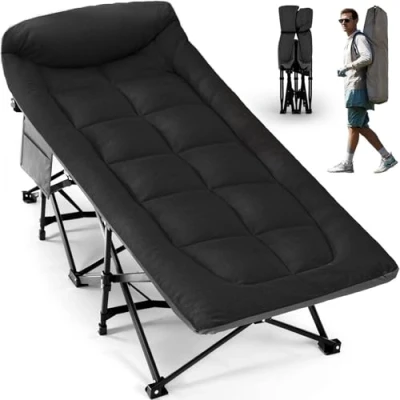Imagen de OVERMONT Cama de Camping Plegable 190 x 71 36 cm Soporta hasta 250 kg Tela Oxford 2400D con Bolsillo Lateral Bolsa Transporte para Jardín Oficina Negro/Gris