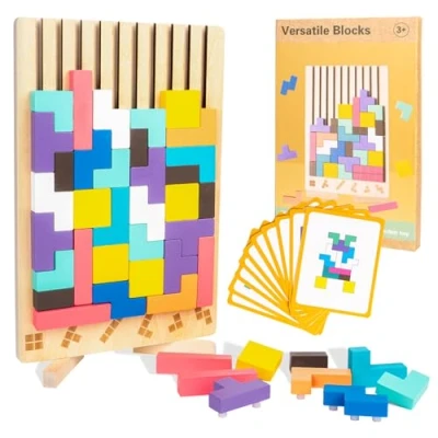 Imagen de VORHOT Tetris Puzzle 3D Madera, Juego Rompecabezas con 42 Colorido Bloques Geométricos y 10 Tarjetas, Juguetes Montessori Niños 3 4 5 Años, Inteligencia Cerebro Jigsaw, Stem Educativo Regalo