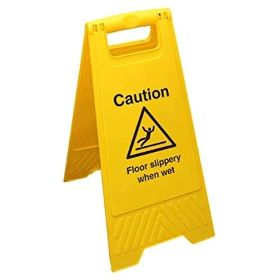 Imagen de Letrero amarillo de doble cara con texto en inglés &quot;Caution Floor Slippery When Wet