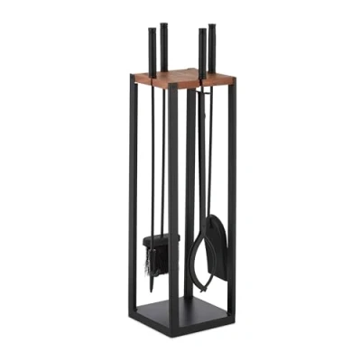 Imagen de Relaxdays Accesorios Chimenea 5 Piezas, Juego de Estufa con Atizador, Pinzas, Escoba, Pala y Soporte, Negro/Marrón, Madera, 78 x 20 cm