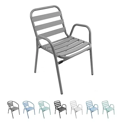 Imagen de THE SECRET HOME Silla de Aluminio con Reposabrazos para Jardín Apilable Asiento Exterior Balcón, Terraza y (Modelo 2 Gris)