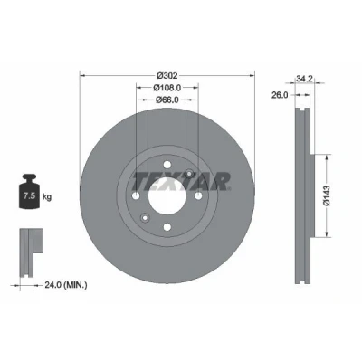 Imagen de TEXTAR PRO 92168503 Disco de freno 302 26 04/06 108 ventilación interna revestido sin perno sujeción rueda, buje rueda