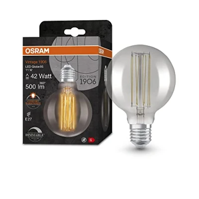 Imagen de OSRAM Lámpara LED Vintage 1906 ahumada, 11 W, 500 lm, forma de globo con 80 mm diámetro y casquillo E27, luz blanca cálida, filamento recto, regulable, vida útil hasta 15 000 horas