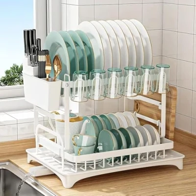 Imagen de Huianpen escurridor de Platos 2 Niveles, Color Blanco con Bandeja Goteo, utensilio y Soporte para Tabla Cortar, Fregadero encimera Cocina