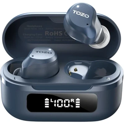 Imagen de TOZO Hybrid Auriculares Inalámbricos Bluetooth 5.3 con Híbrida ANC 6 Mics ENC ORIGX 2.0 Acústico EQs Ajuste 59H Reproducción LED Pantalla USB Tipo C IPX8 Azul