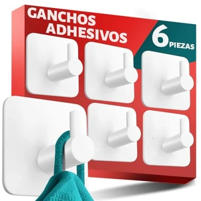 Imagen de Menz Toallero sin taladrar, juego de 6 unidades, ganchos blancos autoadhesivos, elegantes pared clásicos, funcionales, fuertes adhesivos como para toallas baño