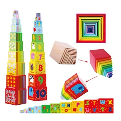 Imagen de TOWO Caja apilable Madera Cubos apilables del Alfabeto de para Aprender los números, Colores y Animales Juguete Educativo 2 años Juguetes montessori educativos