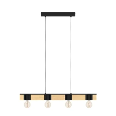 Imagen de EGLO Bailrigg lámpara colgante de 4 luces, sobre mesa comedor, metal negro y madera natural, con casquillo E27, FSC100HB, L 90 cm