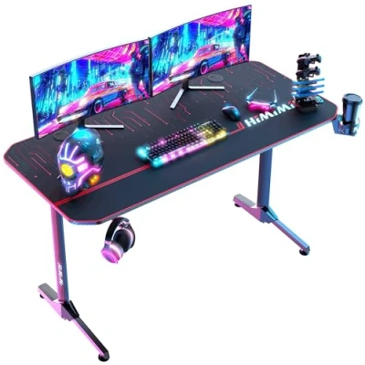 Imagen de Himimi 140 cm Mesa Gaming Desk, Ergonómica PC Escritorios 140x60x75 cm, Computer Computadora Gamer Pro Tablas con Alfombrilla de ratón, Portavasos y Gancho para Auriculares, Mango Juego