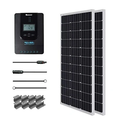 Imagen de Renogy Panel solar monocristalino de 200 W, 12 V, 20 A, Rover MPPT, controlador carga/soportes Z montaje, cable bandeja/kit adaptador para RV, barcos, remolques, cámper, marina, sistema fuera