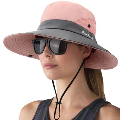 Imagen de DRESHOW Mujer Sol Sombrero Al aire Libre UV Protección Plegable Ala Ancha Pesca Ponytail Playa Bucket Sombreros con Gafas