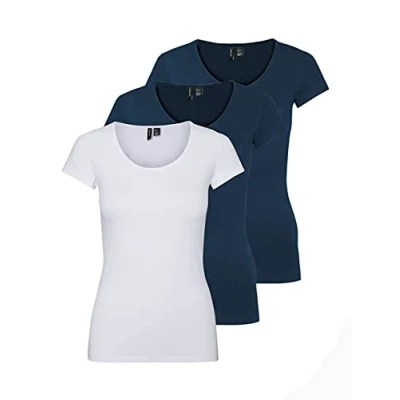 Imagen de VERO MODA Camiseta de Mujer Vmmaxi My SS Soft U Neck Noos, Azul (2X Insignia Blue/ 1x White), M
